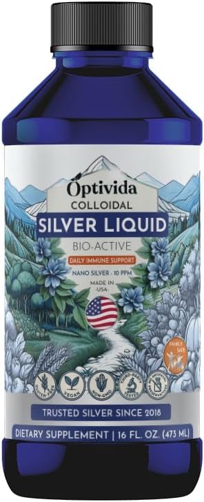 Optivida Health Colloidal Silver Liquid (16 Oz) - 매일 웰빙 및 면역 지원을위한 프리미엄 나노 실버 콜로이드 보충, 성인 및 어린이, 비 GMO, 글루텐없는 자연 액체 실버 하이드로 솔