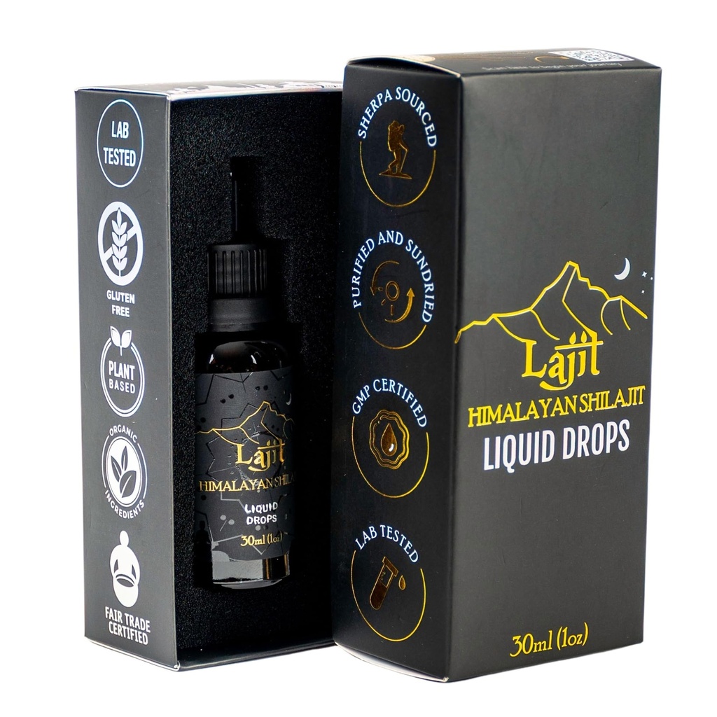 Lajit Gold Grade Himalayan Shilajit Liquid Drops – 유기, Sun-Dried – Bioavailable Nutrients - Fulvic Acid, 85 + Trace Minerals - 남성 및 여성을위한 실험실 테스트 - 자연 에너지, 면역력, 힘 - 30ml