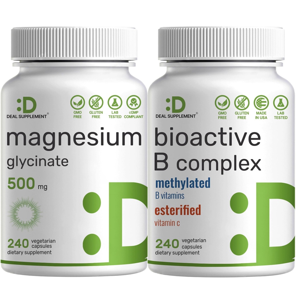 마그네슘 글리세린 500mg Veggie 캡슐 & 생물 활성 비타민 B 복합 뭉치 팩 – 쉽게 킬레이트 미네랄을 흡수 – 면역, 에너지, 및 대사 보충