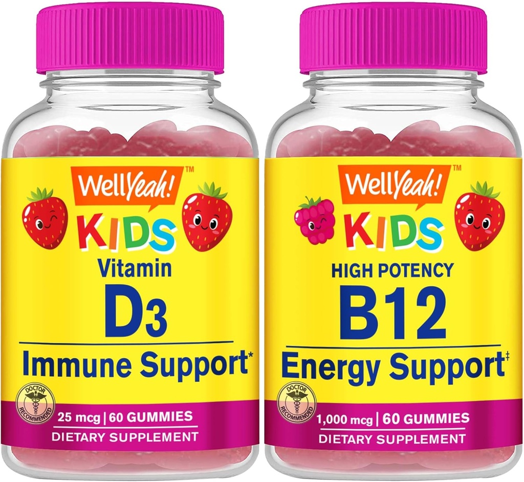 WellYeah 비타민 D3 어린이 + 비타민 B12 어린이, Gummies 번들 - 훌륭한 타스팅, 비타민 보충, 글루텐 무료, GMO 무료, Chewable Gummy