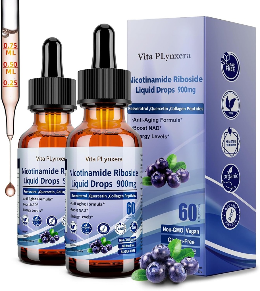 여자 & 남자를 위한 2 팩 NAD 보충교재, NAD Nicotinamide Riboside Resveratrol 900mg & Quercetin, Niacin, 교원질, Biotin, 반대로 나이 드는 피부를 위한 액체 NAD 플러스 보충교재 NR900