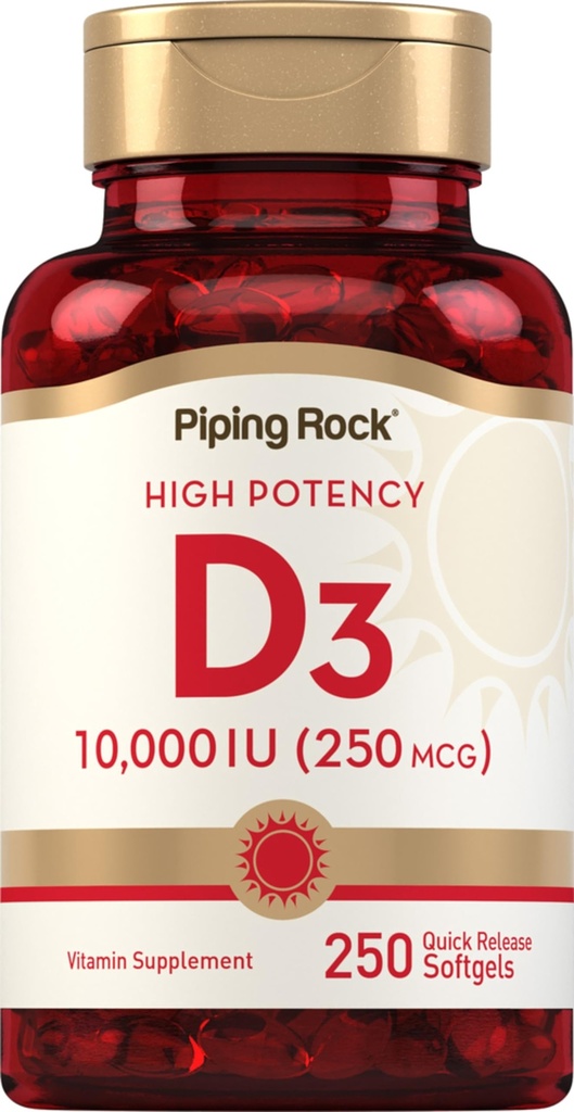 Piping Rock Vitamin D3 10000 IU | 250 mcg | 250 Softgel | 높은 효능 | 비 GMO 및 글루텐 무료 보충