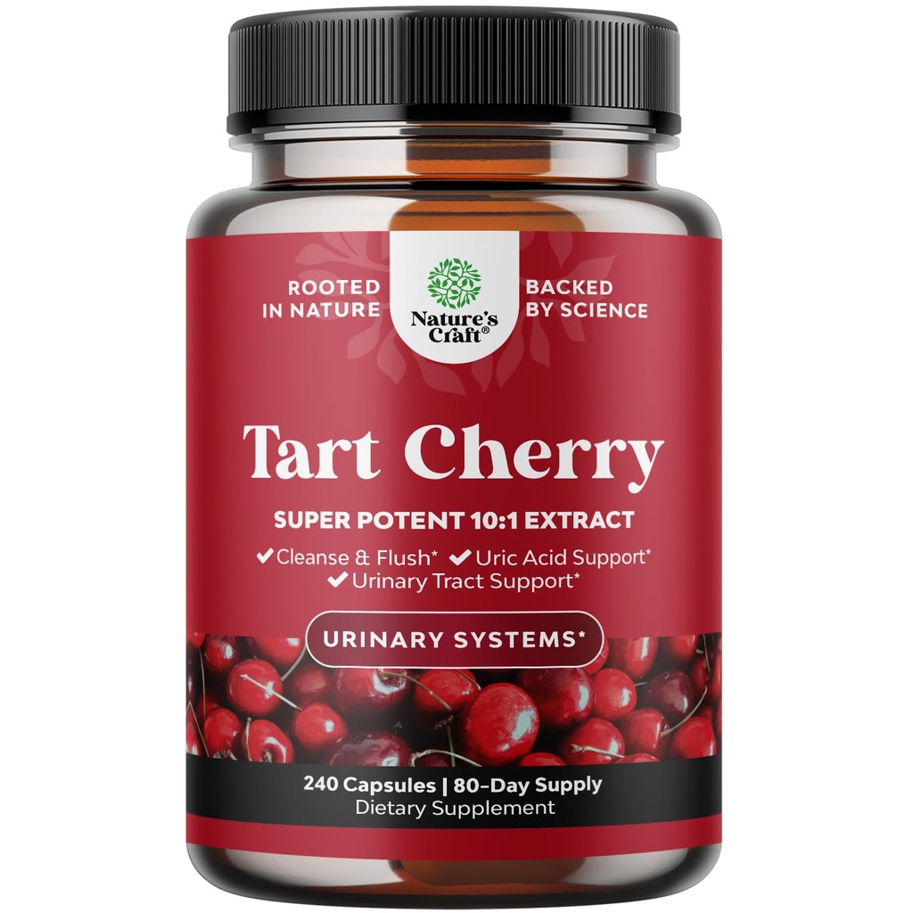 추가 강도 타트 체리 캡슐 - 타트 체리 추출물 캡슐 7500mg for Uric Acid Cleanse for Gout & Kidneys Support - Urinary Tract Health & Joint Support - 240 Ct