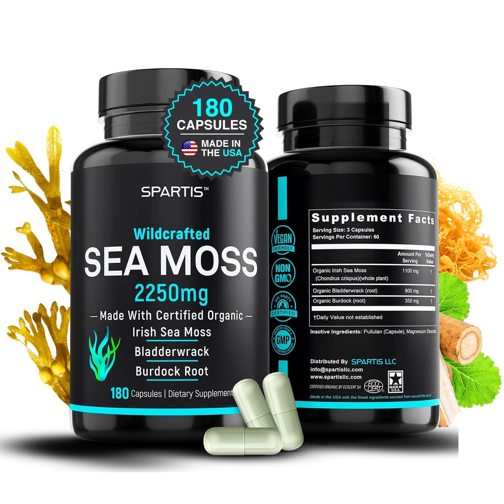 공인 유기 바다 Moss 캡슐 2250mg Wildcrafted Irish Sea Moss Burdock Root Bladderwrack Supplement Raw Seamos Pills & Powder (180-Caps에서 1 팩)