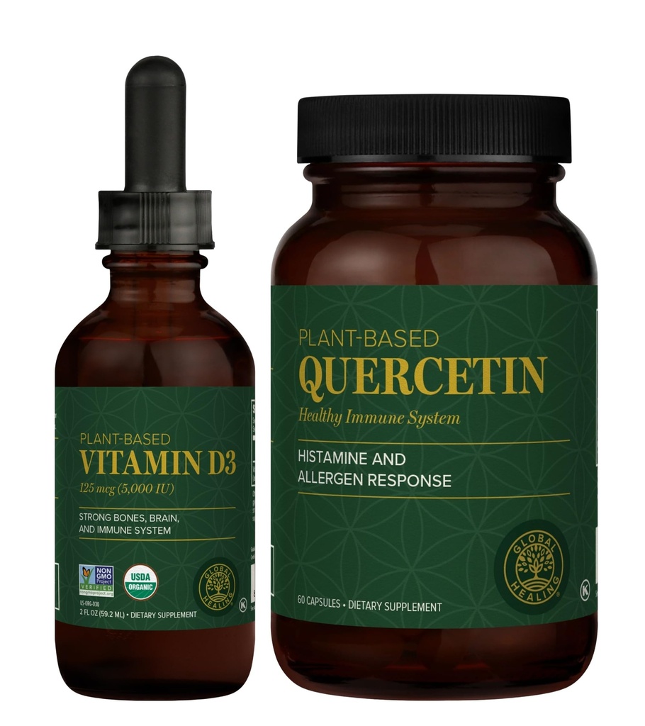 글로벌 치유 센터 - 비타민 D3 5000IU & Quercetin 250mg - 뼈와 면역 체계, 호흡 건강 지원