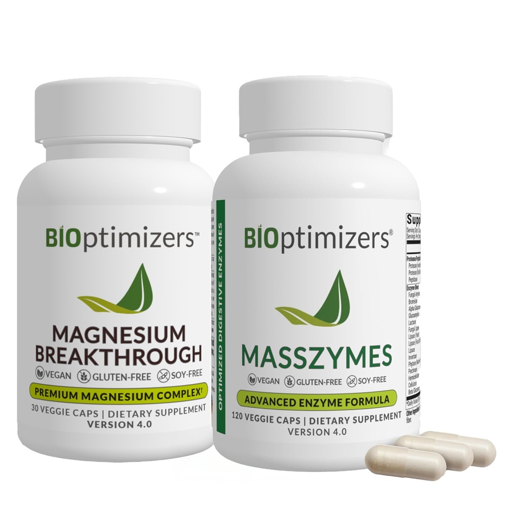 BiOptimizers 마그네슘 Breakthrough 4.0, (30 캡슐) & MassZymes 4.0, (120 캡슐) - 자연 수면, 뇌 및 소화 건강 지원 보충교재 번들