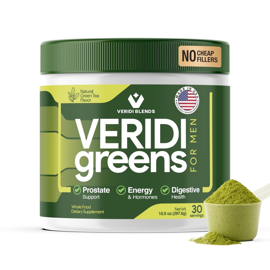 Veridi Greens for Men 40+ | 전립선 건강, 호르몬 및 에너지 지원을위한 일일 슈퍼 푸드 그린 분말 | Spirulina와 함께 프리미엄 미국 혼합, Saw Palmetto, 아연 및 효소