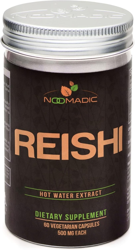 Noomadic Reishi 버섯, 60 캡슐, 500mg 각, 일반 웰빙 및 장수, 온수 추출물, 과일 보디, 30 % 베타 - D 포도당