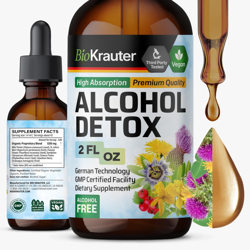 BIO KRAUTER 알코올 Detox Tincture - Liver Cleanse & Detox Formula - 우유 Thistle & Dandelion - Liver 지원 액체 추출물 - 알코올 및 설탕 무료 - Vegan Drops 2 Fl.Oz.