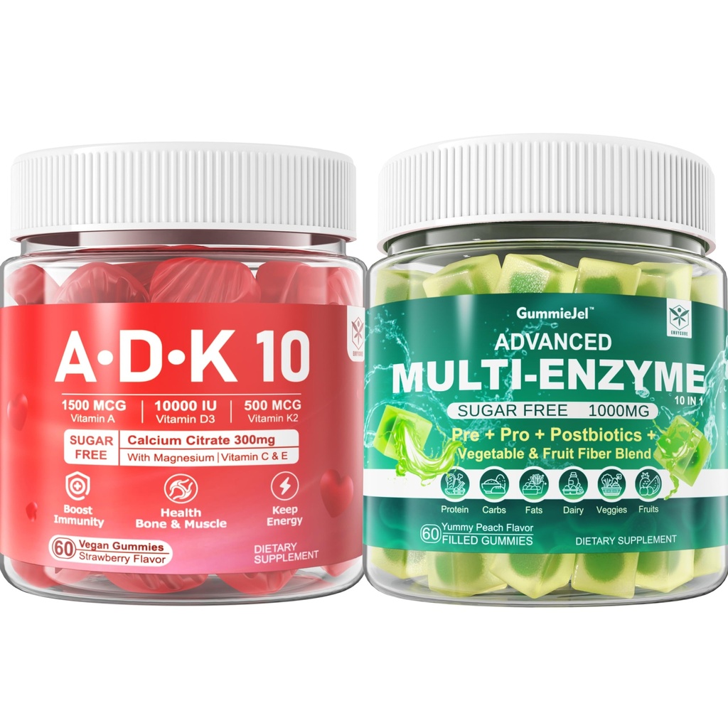 소화 효소 Gummies 1000mg Chewable - 음식을 빨리 끊기십시오, 90억 CFU, Probiotic, Postbiotic, Prebiotic & 섬유 혼합 & 비타민 ADK Gummies + 칼슘 마그네슘 아연 보충교재
