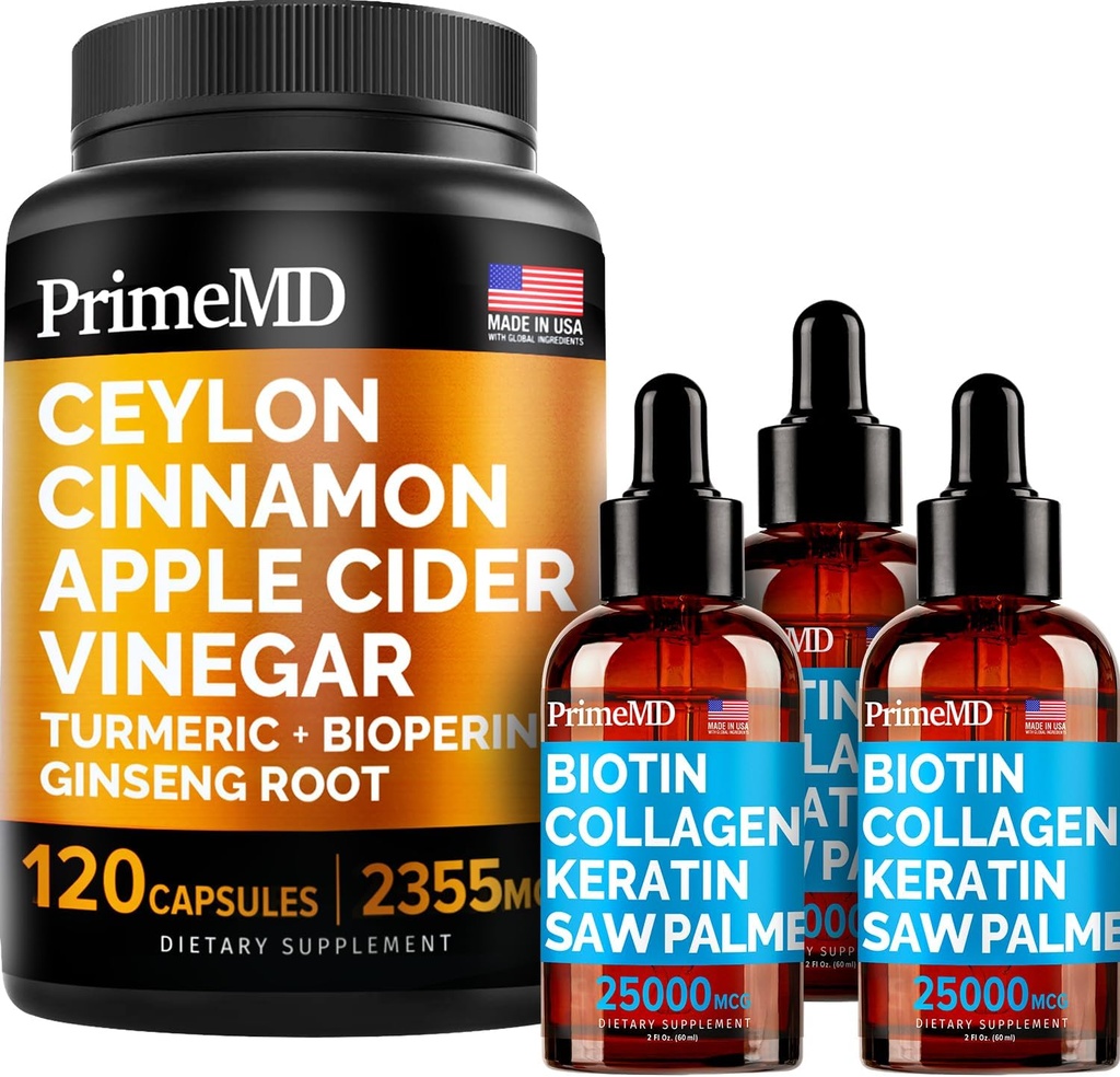 4-in-1 액체 Biotin Collagen Keratin 톱 팔로토 드롭 (2 fl oz - 3 Pack) & 5-in-1 Ceylon Cinnamon w Turmeric & Ginseng 뿌리 (120ct) 번들 - 헤어, 피부, 손톱, & 면역 지원 보충교재