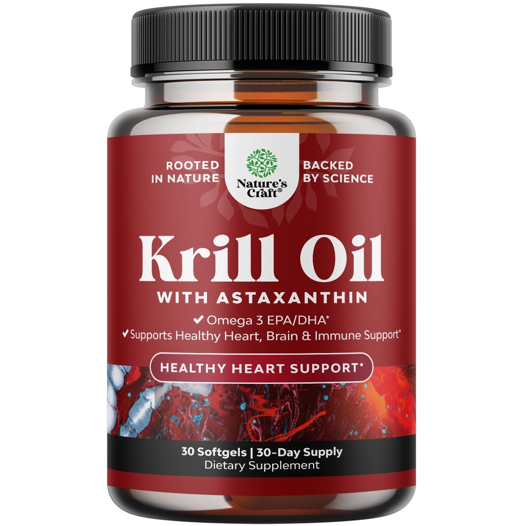 Krill Omega 3 Fish Oil Softgels - Immune 지원, 건강한 두뇌 및 심장 건강 - Burpless 지방산 보충교재 - 30 조사를 위한 Krill EPA & DHA 물고기 기름 오메가 3 보충교재