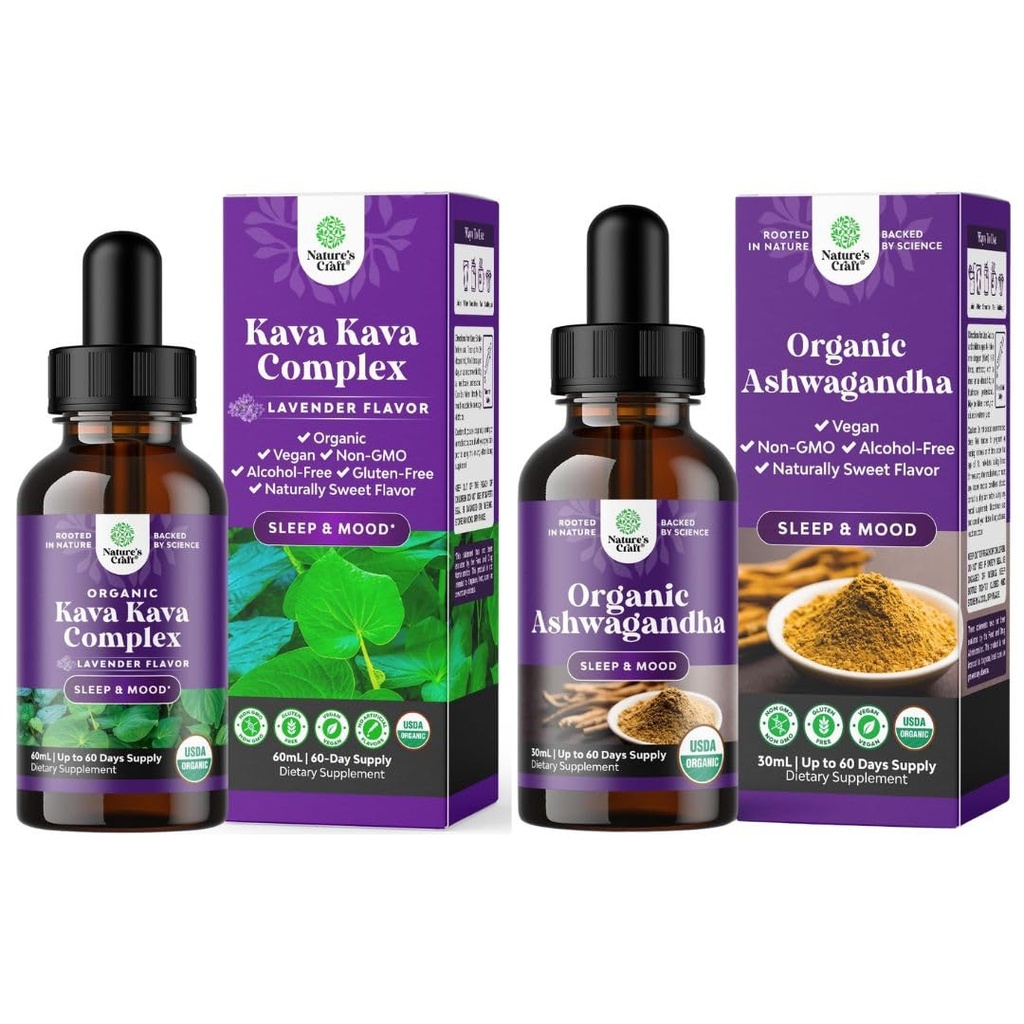 더 나은 수면과 USDA 유기 Ashwagandha 액체 드롭을위한 Kavalactone과 Kava Drops의 번들 - Ashwagandha Root Extract for stress and Mood Support for Adults