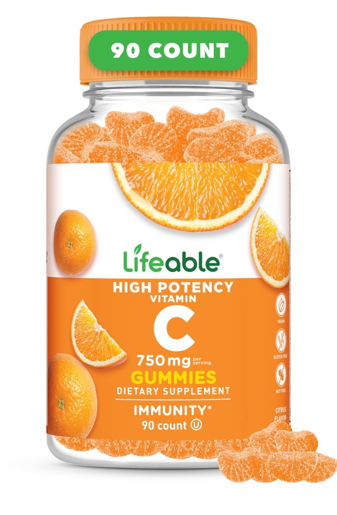성인용 비타민 C 구미 | 750mg | 그레이트 타스팅 오렌지 맛 VIT C | Vegan Non GMO Vitamin C Chewable | Immune Support | 90 Gummies