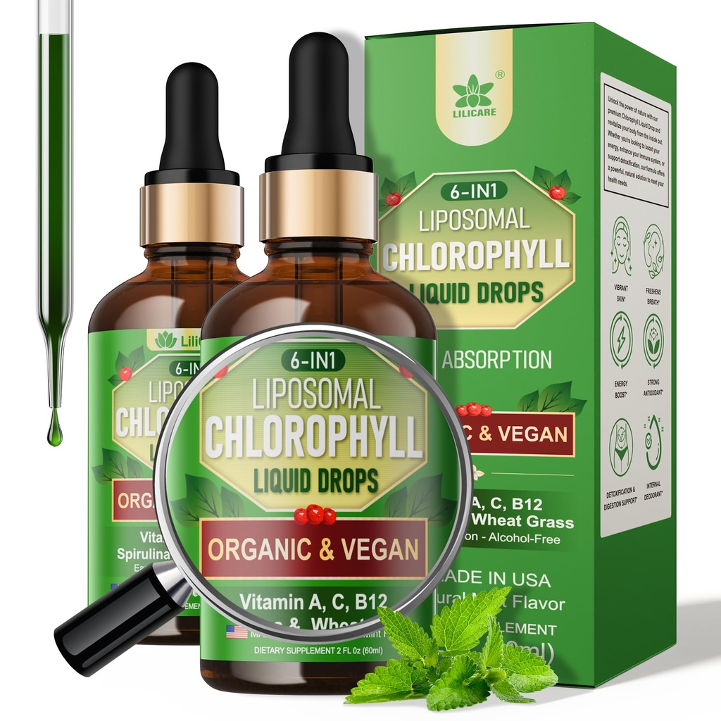 여성 & 남자를 위한 유기 Chlorophyll 액체 하락 Liposomal, 6에서 1 녹색 Superfood Vegan Chlorophyll w/Spirulina, 밀 잔디, 내부 Deodorant*, 에너지, 소화, 2Packs/4 Fl Oz를 위한 비타민 C B12 A