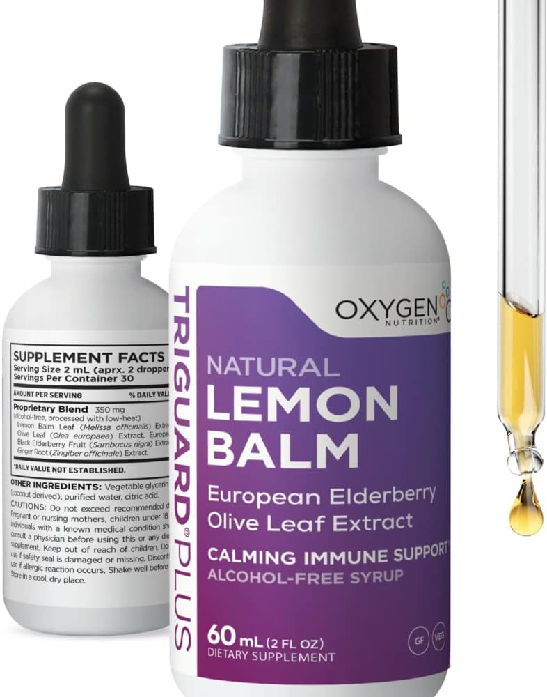 TriGuard Lemon Balm Plus - 레몬 발름 추출물, 엘더베리, 올리브 리프 추출물 Tincture 2 fl oz | Calming, Stress Relief, Immune Support and Inflammation | 알코올 프리, 비 GMO, 미국