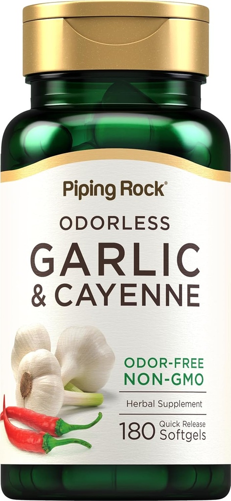 Piping Rock Odorless Garlic Softgels | 180 Softgels | Cayenne Extract의 보충 | Allium Sativum | Non-GMO, 글루텐 프리