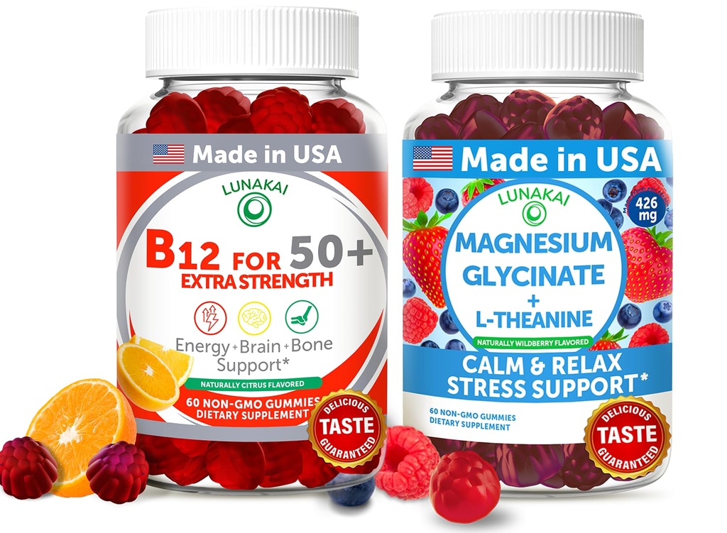 Lunakai USA는 성인 50 + & 마그네슘 글리세라이드 Gummies 번들, 지원 에너지, 무드, Relaxation & 스트레스 완화, 비 GMO, Vegan, 60ct 각각 비타민 B12를 만들었습니다.