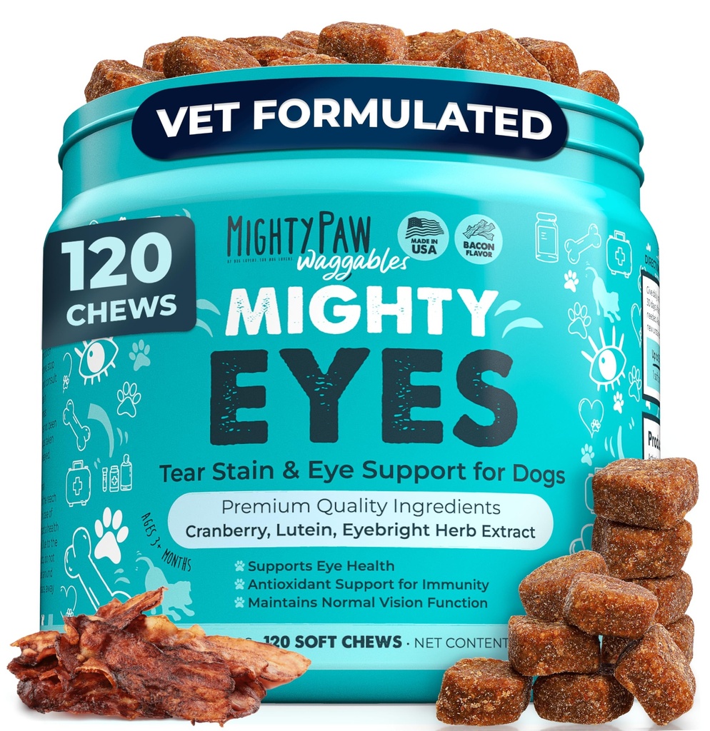 Mighty Paw Waggables Eyes (미국)|Tear Stain Chews for Dogs. Vision and Tear Stain Support Supplements for Dogs. Lutein Supplement. 윤활 눈, 면역 지원 (120 Ct)