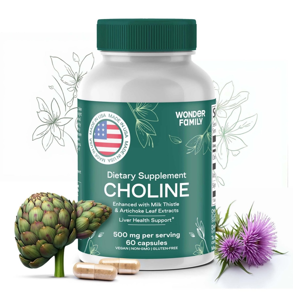 Choline Bitartrate 500MG - 프리미엄 콜린 보충제 - Liver Support Supplement & Gallbladder Supplements - Colina Suplemento 500 mg Orgánica - 메모리 및 초점을위한 두뇌 비타민 - 60 콜린 캡