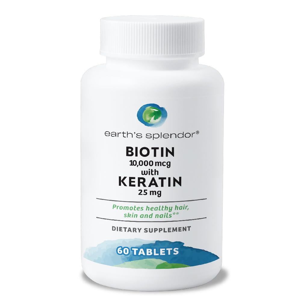 지구의 Splendor Biotin 10,000 mcg + Keratin 25mg는, 건강한 머리, 강한 못 및 피부 지원, 60 일 공급을 승진시킵니다