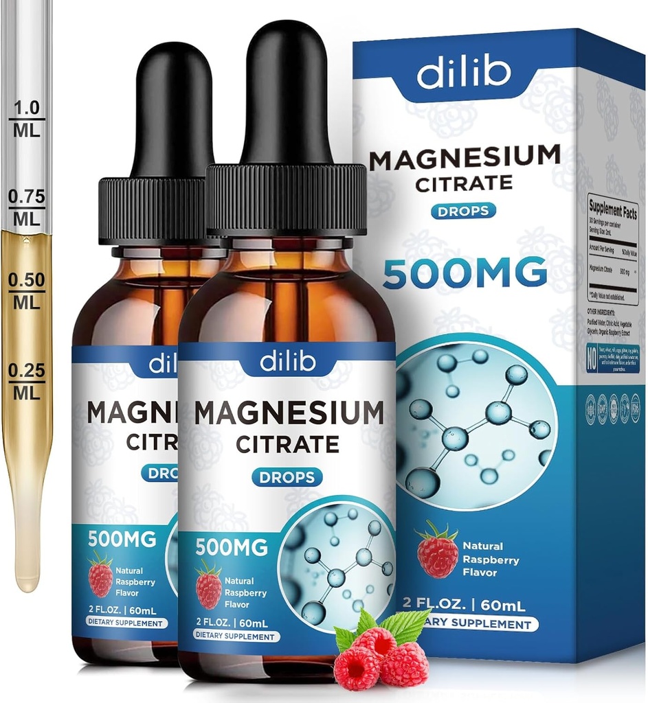 (2 팩) 마그네슘 구연산염 액체 마그네슘 하락 보충교재 500mg 지원 긴장 기복, 뼈, 근육, 계류, Sleep-4 Fl Oz, Vegan, 라즈베리 풍미