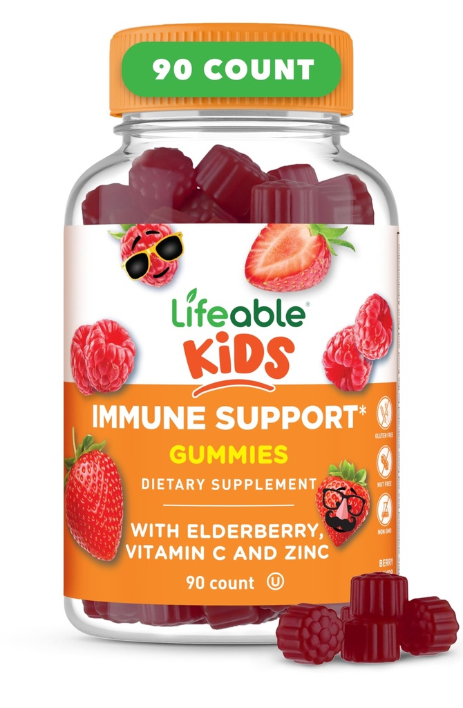 Lifeable Kids Immune Support Gummies | 엘더베리 비타민 C와 아연 | 훌륭한 타스팅 아이오네 서포트 스플레딩 엘리더베리 구미 | 소년용 아이 엘더베리 구미 | 90 구미