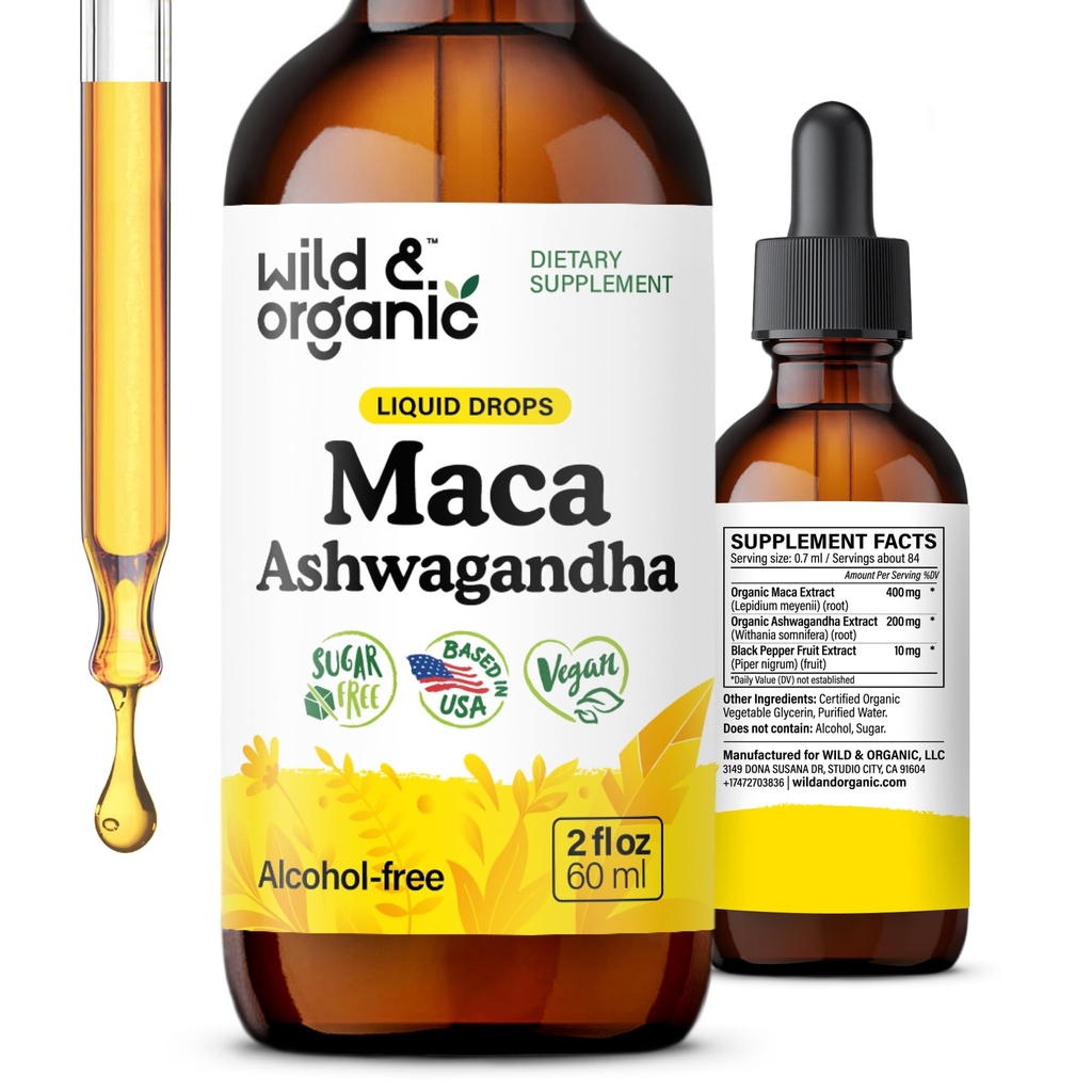 야생 & 유기 Maca Ashwagandha Drops for Men and Women - 페루 마카 루트 및 전체 지원을위한 Ashwagandha Tincture - 채식주의자, 설탕 및 알코올 무료 추출물 보충 - 2 fl oz