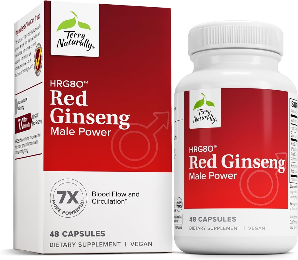 Terry Naturally HRG80 Red Ginseng Male Power - 혈액 순환 및 내구시간 지원 보충교재 - Ginseng & 아연을 가진 규정식 보충교재 - 에너지 지원을 위한 초본 보충교재 - 48의 캡슐