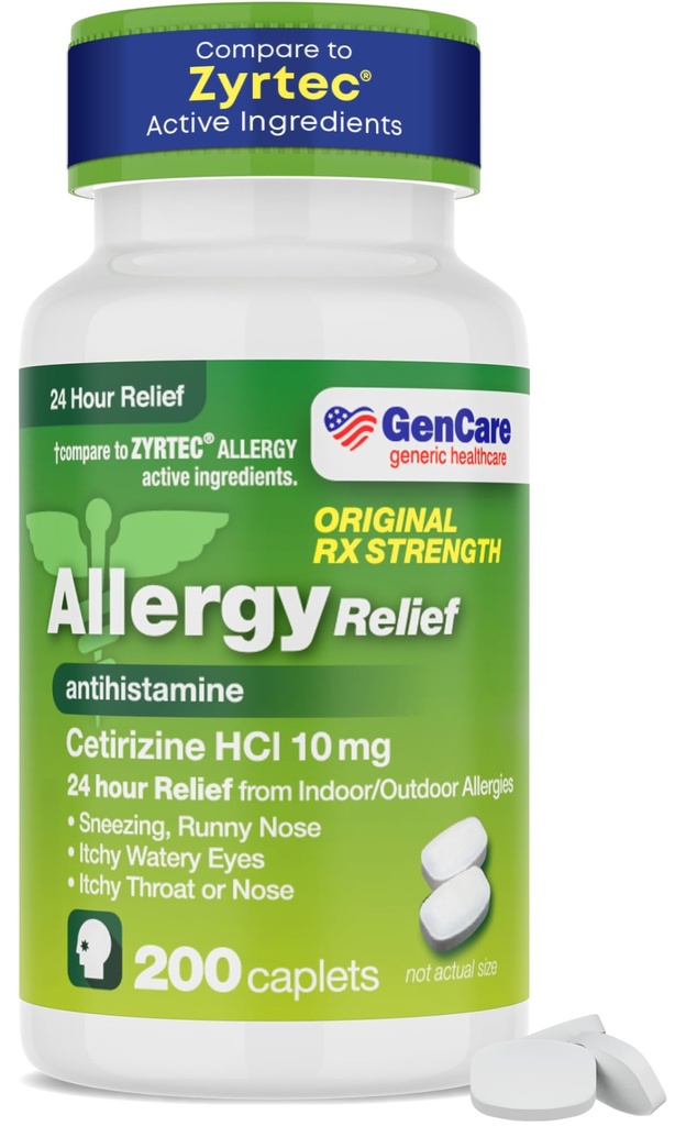 GenCare - Cetirizine HCL 10 mg (200 캡슐) - 24 시간 알레르기 완화 알약 - 비 Drowsy Generic OTC 알레르기 약물 - Sneezing, Runny Nose & Itchy Eyes에 대한 항히스타민 약 - 일반 Zyrtec