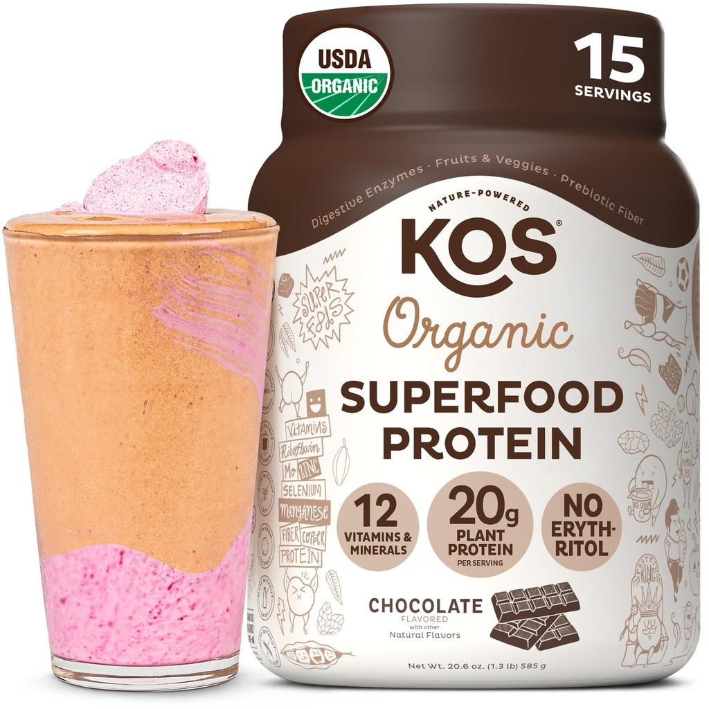 KOS 공장 기반 단백질 분말, 초콜릿 USDA 유기 - 낮은 Carb Pea Protein Blend, 비타민 및 미네랄 Vegan Superfood - Keto, Soy, Dairy Free - 여성 및 남성을위한 식사 교체 - 15 서빙