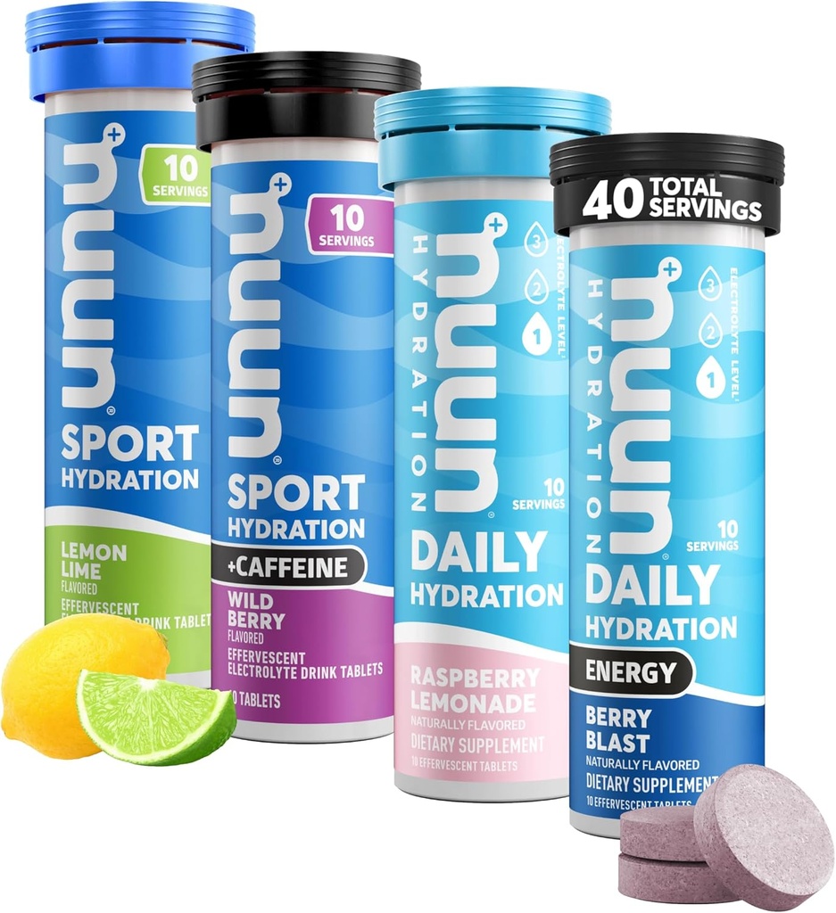 Nuun Hydration Electrolyte Tablets - Water에서 분해 가능, 전체 팩 | 5 Essential Electrolytes for Hydration | 1g Sugar Drink Mix | Vegan, Non-GMO | 4 Pack (40 총봉)
