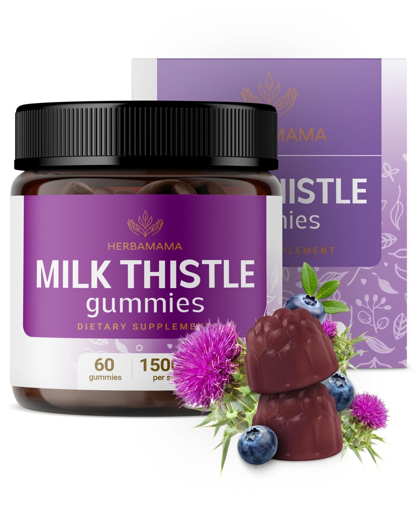 HERBAMAMA 우유 이틀 보충 - 1500mg 우유 이틀 종자 Gummies for Liver Cleanse - Silybum Marianum과 비 GMO Liver 지원 - 60 Pectin 기반 Blueberry-Flavored Chews