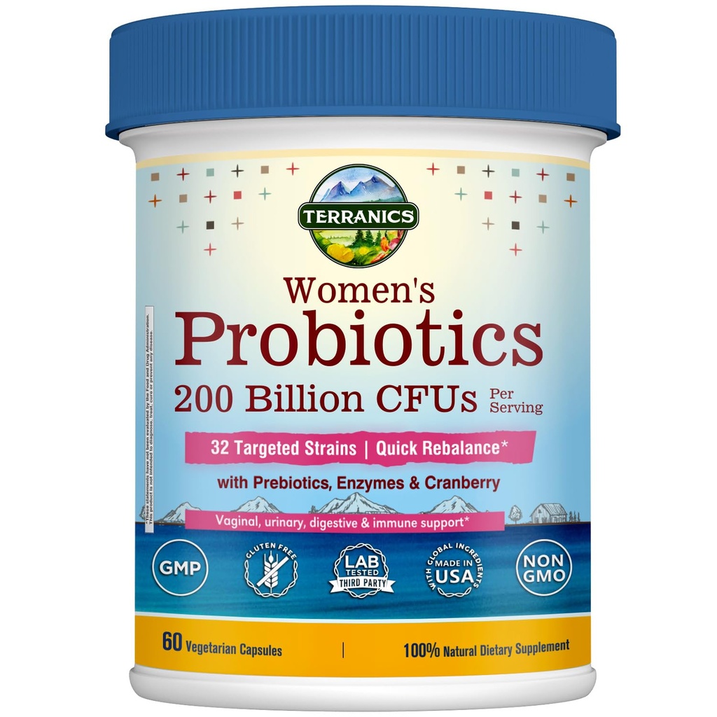 여성을위한 Terranics 일일 프로 바이오 틱스, 200 억 32 Strains 여성 프로 바이오 틱스, Cranberry, Prebiotics & 효소, Rebalance Vaginal Flora & PH, 지연 릴리스, 선반 안정, 60 Vegan Caps