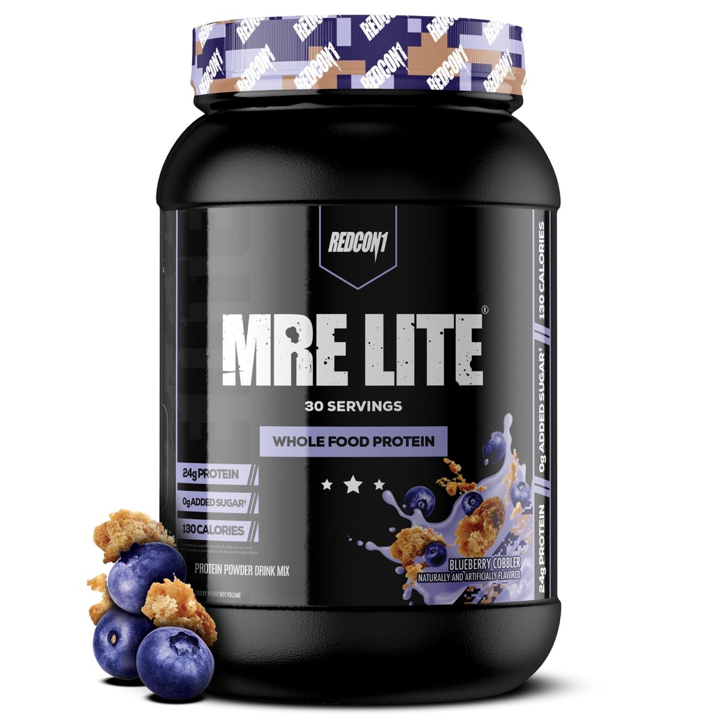 REDCON1 MRE Lite Whole Food Protein Powder, Blueberry Cobbler - 동물 단백질 혼합과 낮은 Carb & Whey 무료 식사 교체 - MCT 오일 (30 서빙)로 만든 Digest Supplement에 쉽게