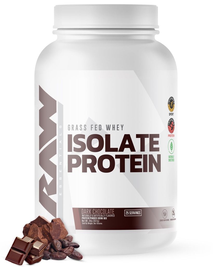 RAW Whey Isolate Protein Powder, Dark Chocolate - 100 % 근육 성장 및 회복을위한 잔디 볶은 스포츠 영양 우레탄 단백질 분말 - 낮은 캐럿, 낮은 캐럿, 자연적으로 맛 & 단화 - 25 서빙