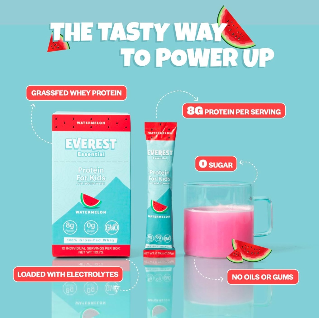 Everest Essential, Kid's Clear Whey Protein Powder (Watermelon, 10 Packets) 아이들을위한 단백질 음료 혼합, 어린이 용 전기, 서빙 당 8g Protein, Non GMO, Zero 추가 Sugar