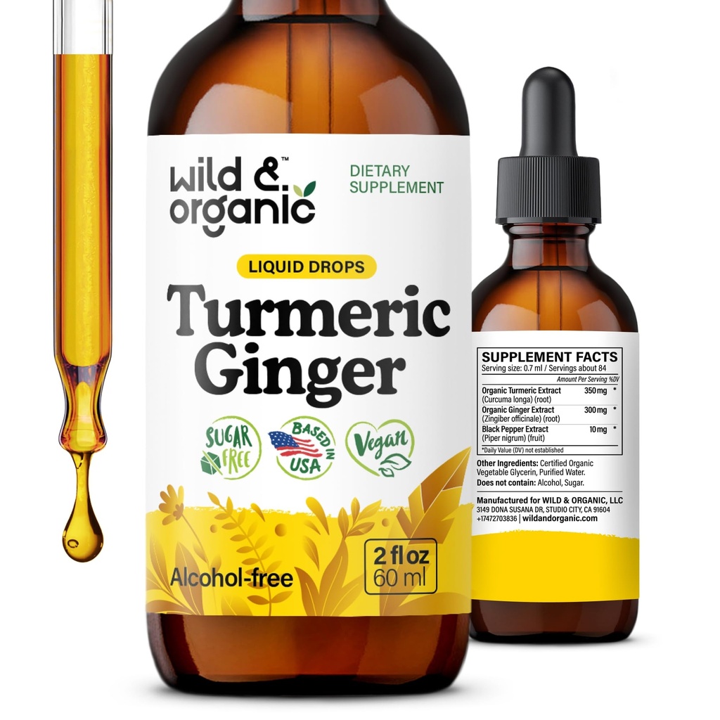 Wild & Organic Turmeric and Ginger Supplement Drop - 공동 및 면역 지원 - Ginger 및 Black Pepper Extract와 액체 심황 - Curcumin Supplement - Vegan, Sugar & Alcohol-Free Tincture - 2 oz