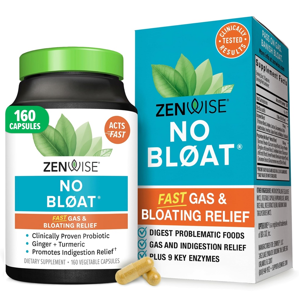 Zenwise Health No Bloat Digestive Enzymes for Gut Health, Gas & Bloating Relief - Probiotics, Ginger, Turmeric Dandelion & Lactase와 멀티 효소 보충 - 남성 및 여성 - 160 카운트