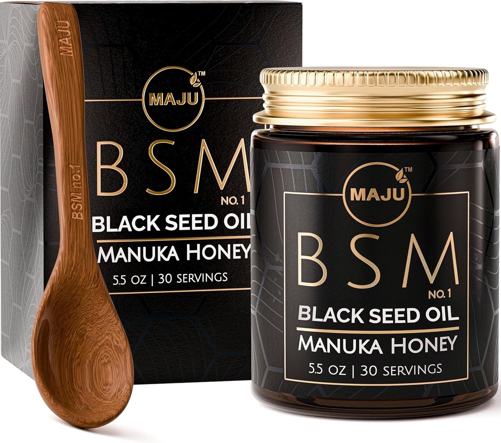 MAJU's 3-in-1 블랙 씨 오일, 마누카 꿀 & 씨 (전통 스타일) BSM no. 1, 달콤한 & Crunchy 초본 혼합, Nigella Sativa 오일 및 씨앗, Unpasteurized & Raw Monofloral Manuka 꿀 뉴질랜드