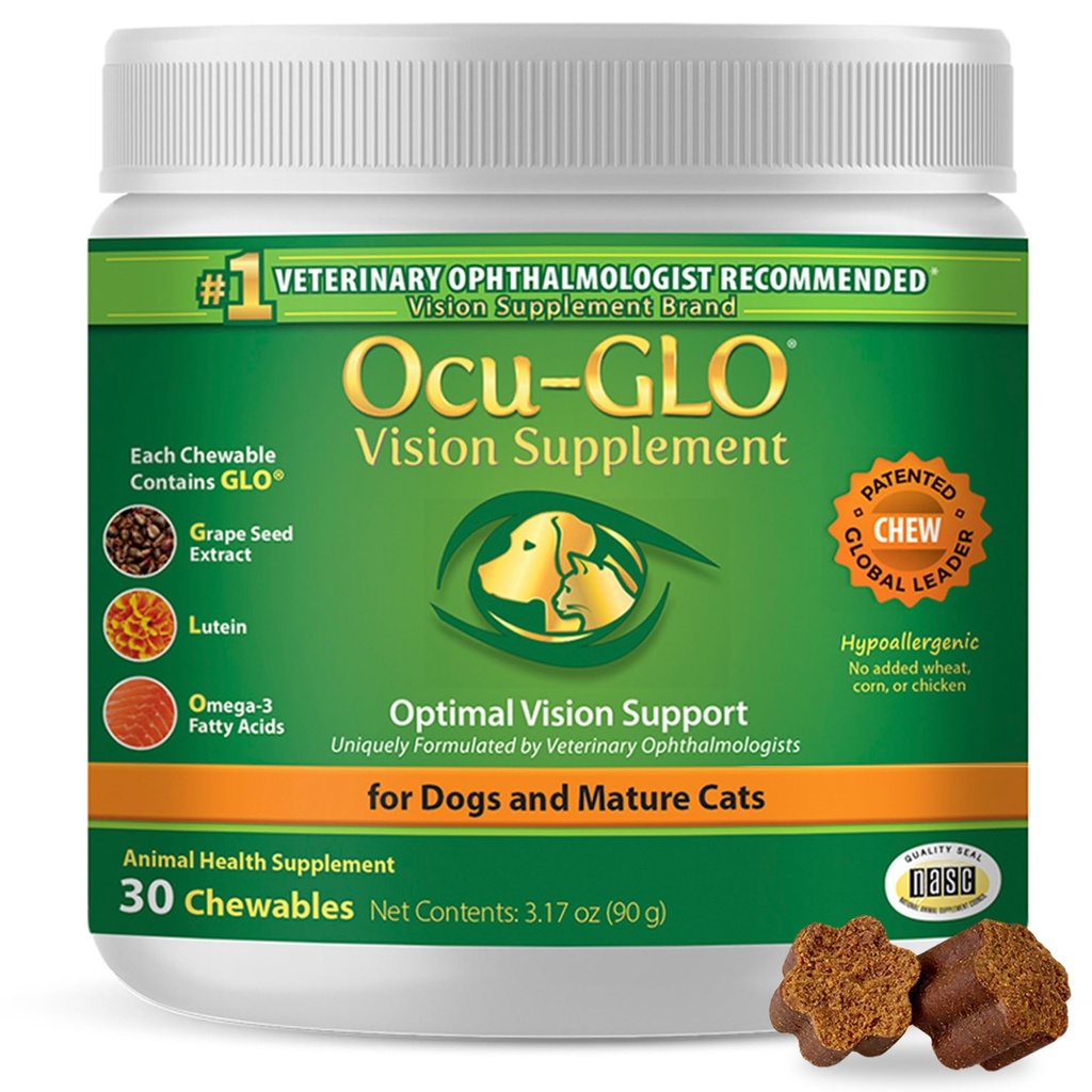 Ocu-GLO Cat & Dog Senior Supplement for Eye Support - Lutein, Omega-3 지방산, 포도씨 추출물 및 산화 방지제와 함께 크고 작은 애완 동물 관리를위한 Chewable Vision Vitamins 보충제