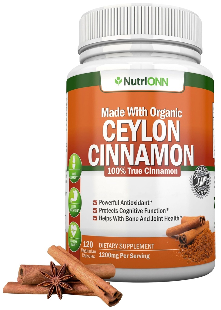 Organic Ceylon Cinnamon 1200 mg | 120 Vegan 캡슐 | 스리랑카에서 진정한 Cinnamomum verum | 비 GMO, 제 3 자 실험실 테스트, 낮은 Coumarin, GMP 인증
