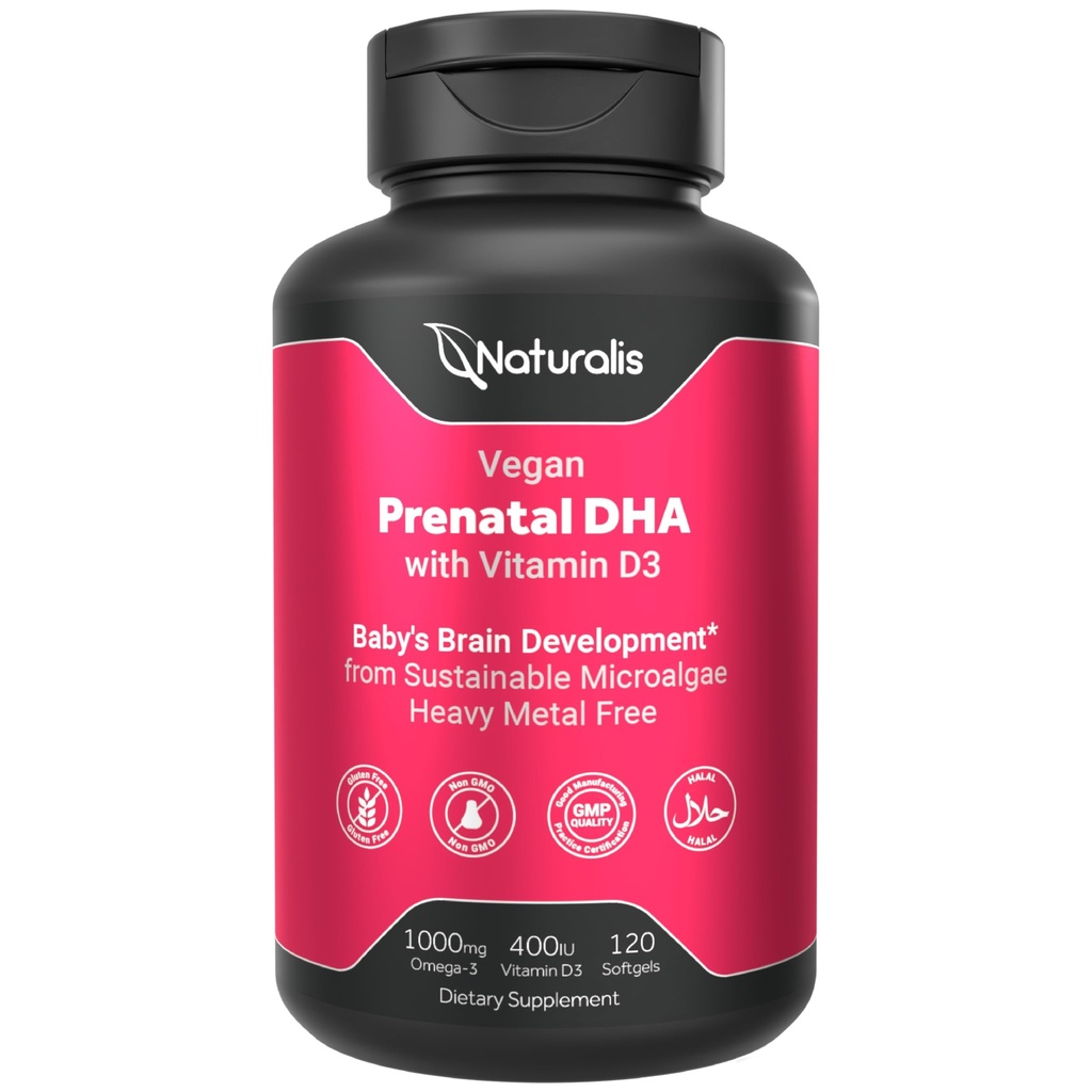 Naturalis Vegan Prenatal with Full Specrum Omega-3 | 조류 DHA, EPA, DPA, 비타민 D3 및 Active Folic L 5-MTHF | Vegan Society 인증, 지속 가능한 Sourced, Non-GMO 및 Soy Free | 120 Veggie Softgel