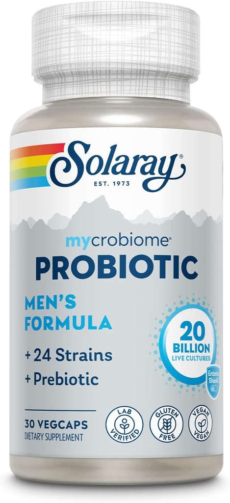 SOLARAY Mycrobiome Probiotic Men의 공식, 남자를위한 Probiotics, Gut Health, Digestion, Immune Function & More, 20 Billion CFU Mens Probiotic, 24 Strains Plus Prebiotic, 30 서빙, 30 VegCaps