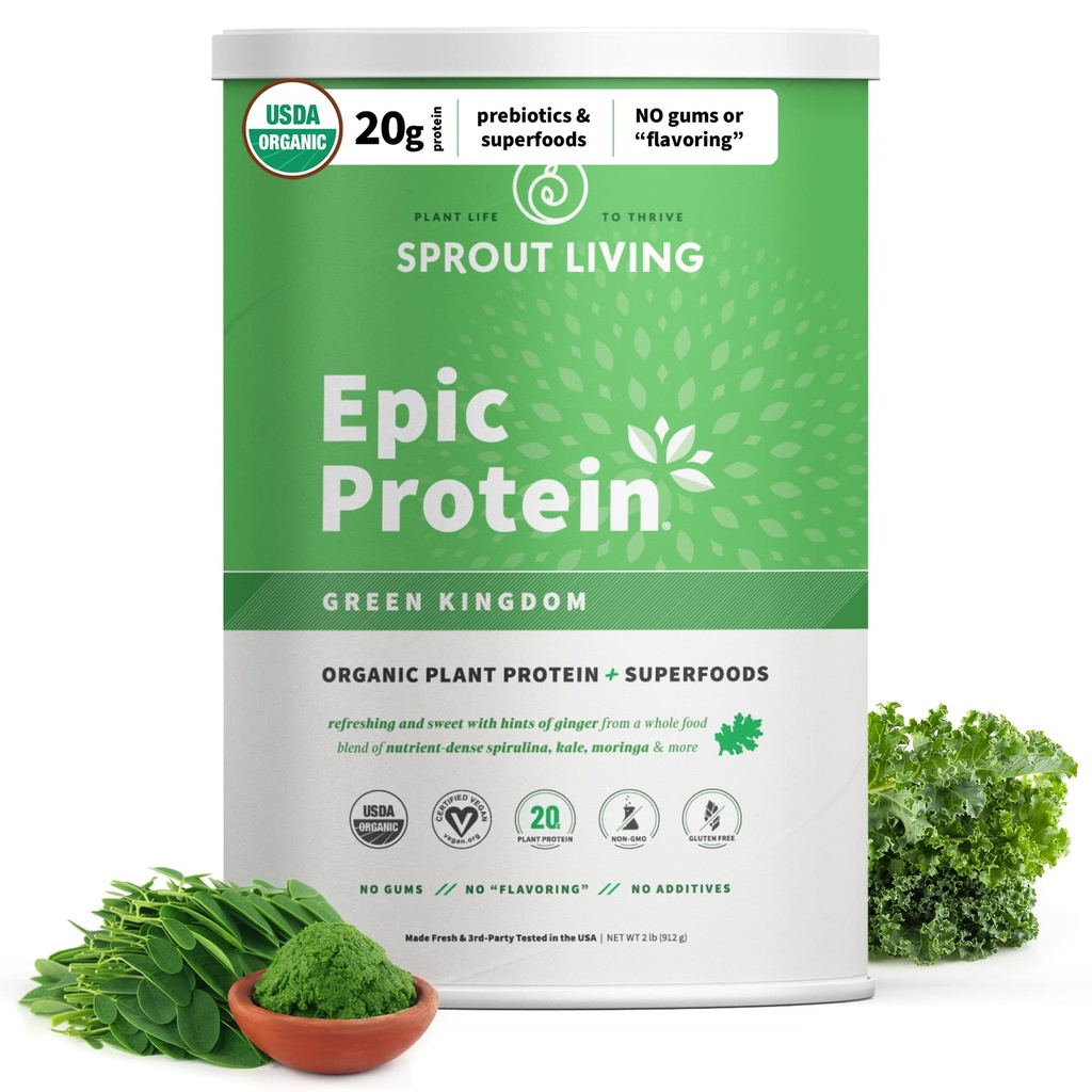 Sprout Living Epic Protein, Plant Based Protein & Superfoods Powder, Green Kingdom | 20 그램 유기농 단백질 분말, 녹색, 채식주의자, 비 낙농장, 비 GMO, 글루텐 프리, 낮은 설탕 (2 파운드, 24 인분)