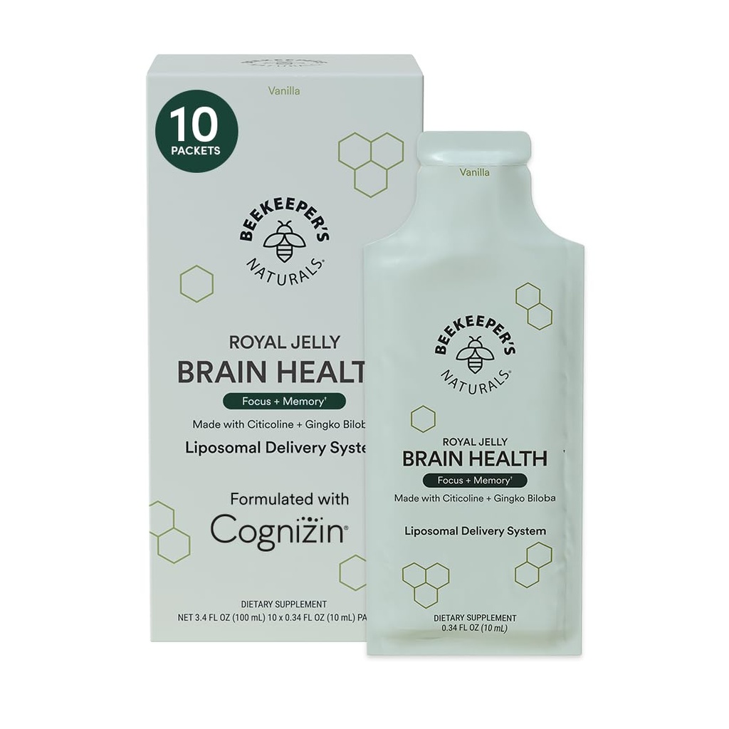 Beekeeper 's Naturals, 500 mg Citocoline, Ginkgo Biloba, Bacopa Monnieri & Royal Jelly, Focus & Memory, Easier Absorption, Plus Tasty Vanilla 풍미, 10ct에 의한 Nootropic 두뇌 보충