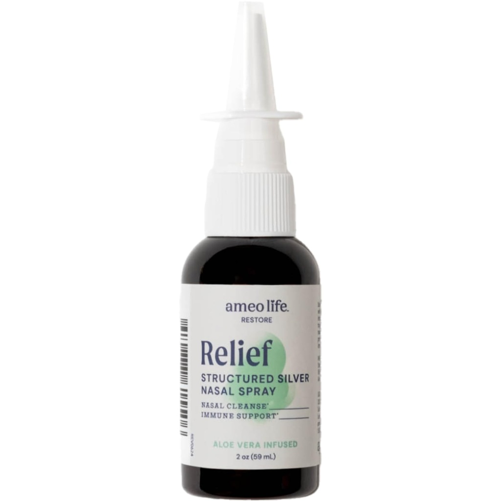 Ameo Life Aloe-Infusion Colloidal Silver Nasal Spray 24 PPM - Nasal Congestion, Sinus Congestion, Mucus, & Irritation - 매일 사용 (2 oz)의 진정 구호를 위한 자연적인 성분을 가진 Nose 살포