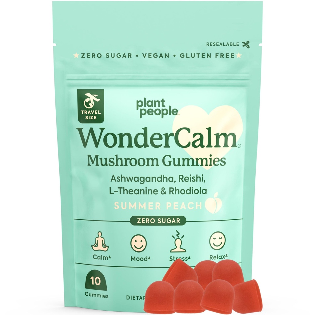 식물 사람들 WonderCalm 버섯 Gummies - 자연적인 Ashwagandha 보충교재는 설탕, 글루텐 또는 인공적인 색깔, Vegan-Friendly, 복숭아 풍미 (Trial 크기) 없이 성인을 위한 긴장 & Boost 계류에 보충합니다