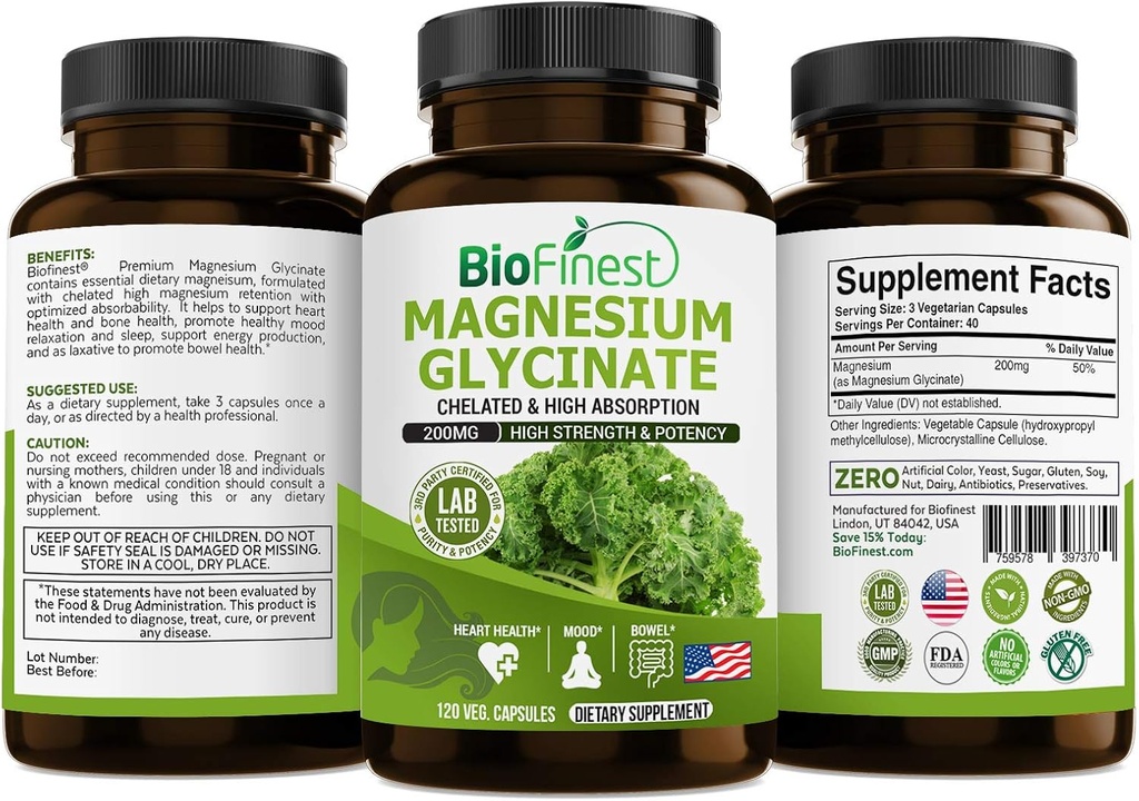 Biofinest Chelated 마그네슘 글리세라이드 200mg 보충 - 건강한 심장 Bowel 운동 면역 에너지 대사 무담한 잠 - 미국에서 만드는 (120의 캡슐)
