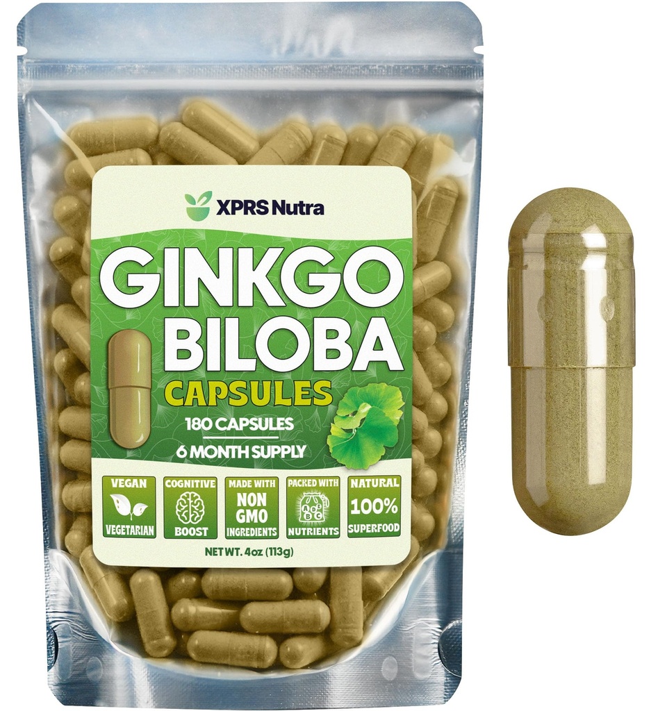 XPRS Nutra Ginkgo Biloba 캡슐 - Gingko Biloba는 Cognition을위한 캡슐화 된 보충제 - Vegan Friendly Ginkoba Biloba - Immunity Boosting Ginkgo Biloba 캡슐 - 180 개